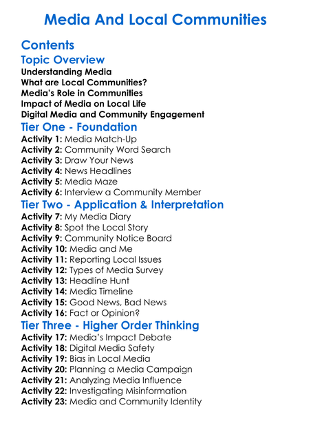 Media And Local Communities Worksheet Activity Booklet