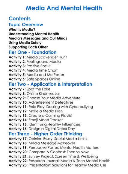 Media And Mental Health Worksheet Activity Booklet