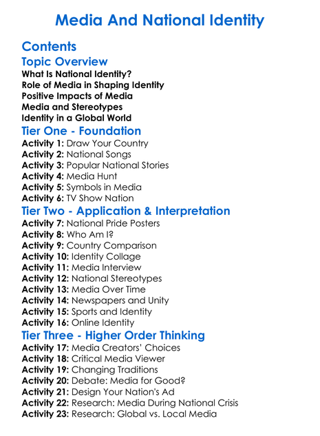 Media And National Identity Worksheet Activity Booklet