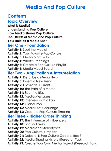 Media And Pop Culture Worksheet Activity Booklet