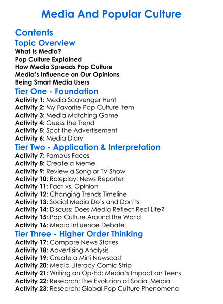 Media And Popular Culture Worksheet Activity Booklet