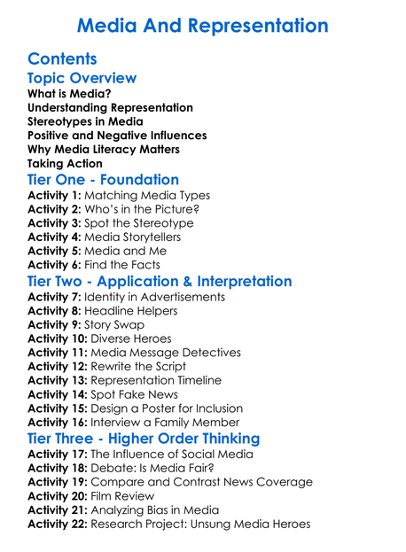 Media And Representation Worksheet Activity Booklet