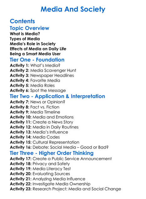 Media And Society Worksheet Activity Booklet