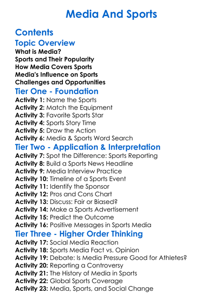 Media And Sports Worksheet Activity Booklet