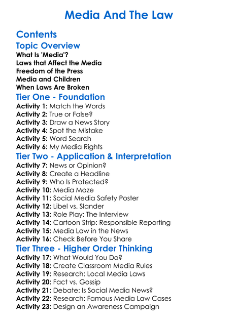 Media And The Law Worksheet Activity Booklet