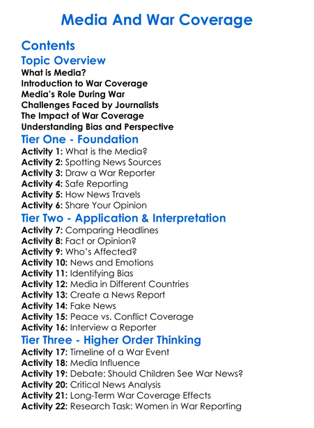 Media And War Coverage Worksheet Activity Booklet