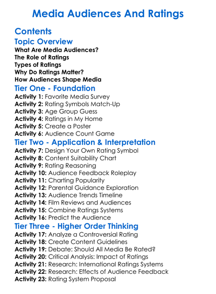 Media Audiences And Ratings Worksheet Activity Booklet