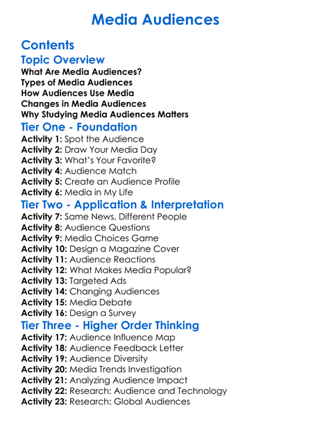 Media Audiences Worksheet Activity Booklet