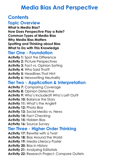 Media Bias And Perspective Worksheet Activity Booklet