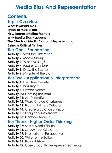 Media Bias And Representation Worksheet Activity Booklet