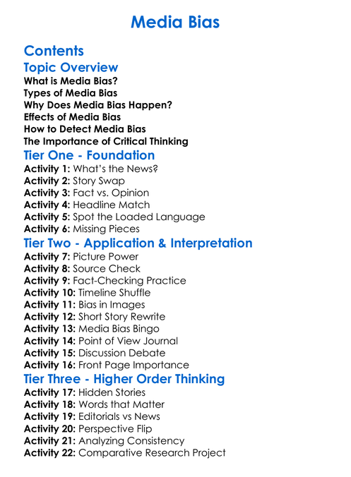 Media Bias Worksheet Activity Booklet