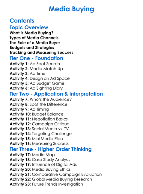 Media Buying Worksheet Activity Booklet