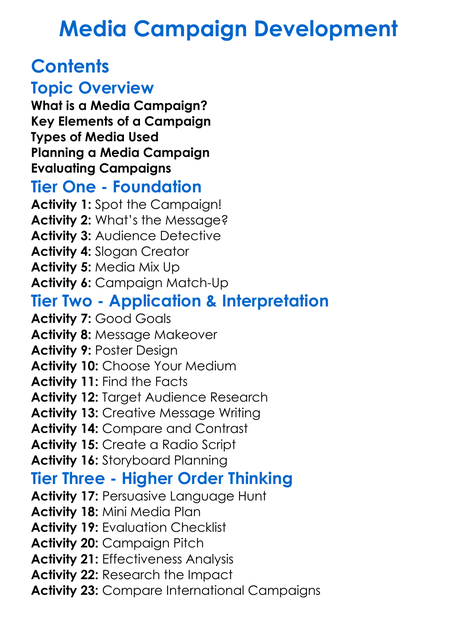 Media Campaign Development Worksheet Activity Booklet