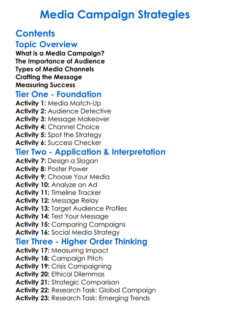 Media Campaign Strategies Worksheet Activity Booklet
