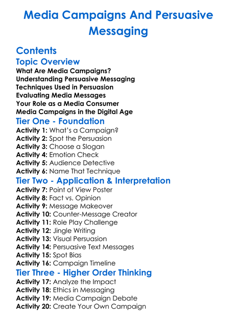 Media Campaigns And Persuasive Messaging Worksheet Activity Booklet