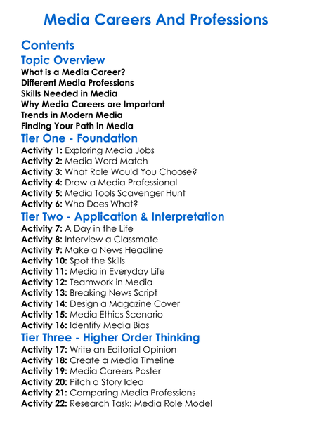 Media Careers And Professions Worksheet Activity Booklet
