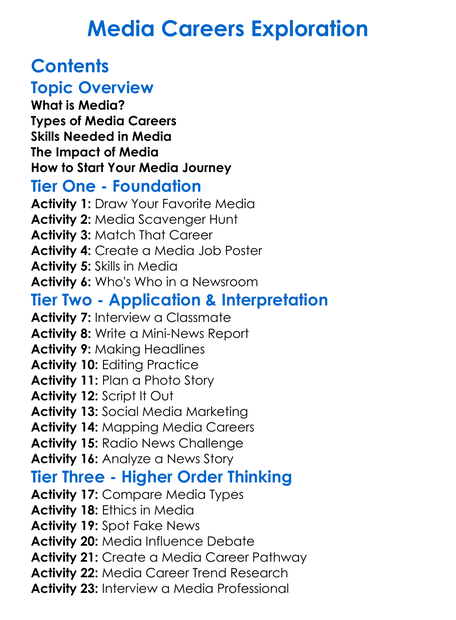 Media Careers Exploration Worksheet Activity Booklet