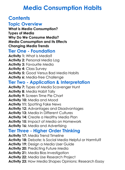 Media Consumption Habits Worksheet Activity Booklet