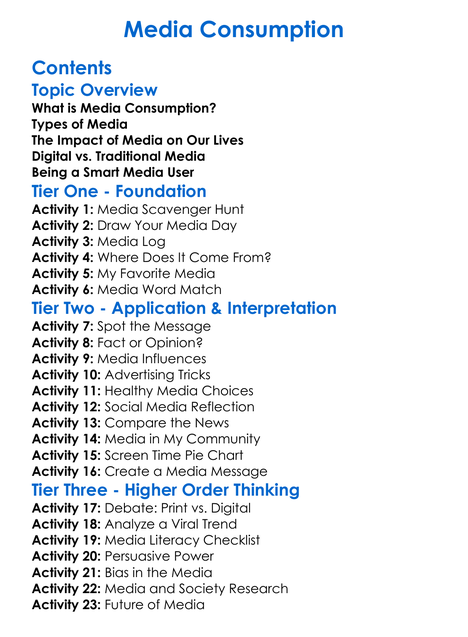 Media Consumption Worksheet Activity Booklet