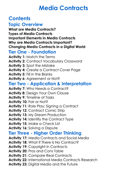 Media Contracts Worksheet Activity Booklet