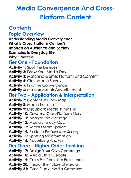 Media Convergence And Cross-Platform Content Worksheet Activity Booklet