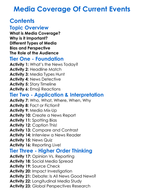 Media Coverage Of Current Events Worksheet Activity Booklet