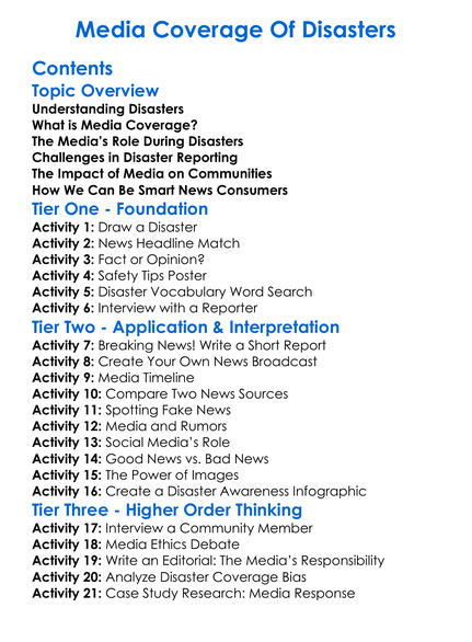Media Coverage Of Disasters Worksheet Activity Booklet