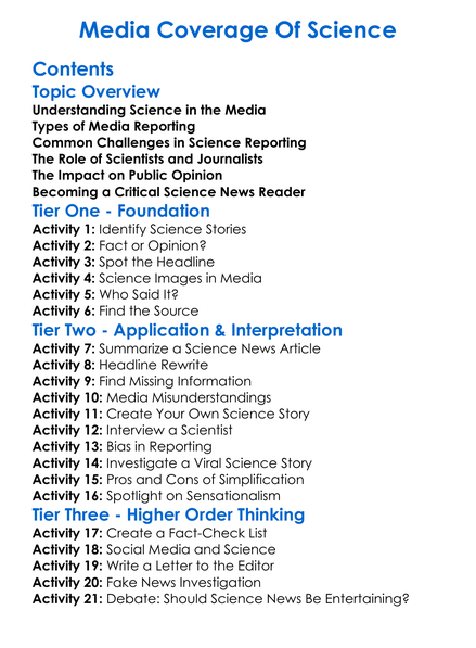 Media Coverage Of Science Worksheet Activity Booklet