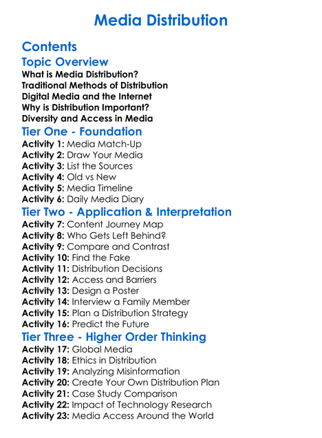 Media Distribution Worksheet Activity Booklet
