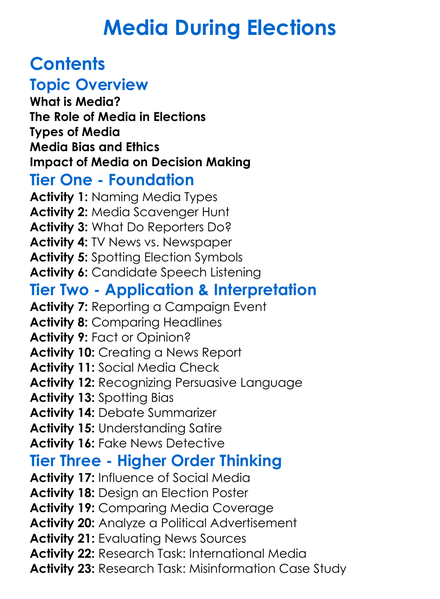 Media During Elections Worksheet Activity Booklet