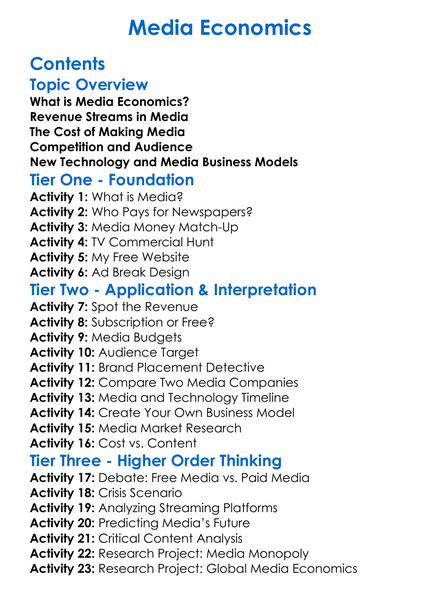 Media Economics Worksheet Activity Booklet