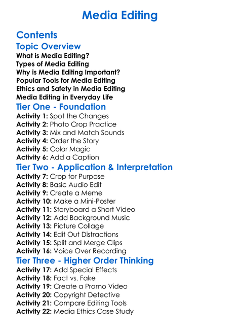 Media Editing Worksheet Activity Booklet