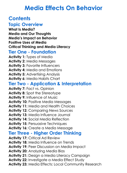 Media Effects On Behavior Worksheet Activity Booklet