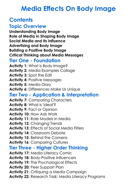 Media Effects On Body Image Worksheet Activity Booklet