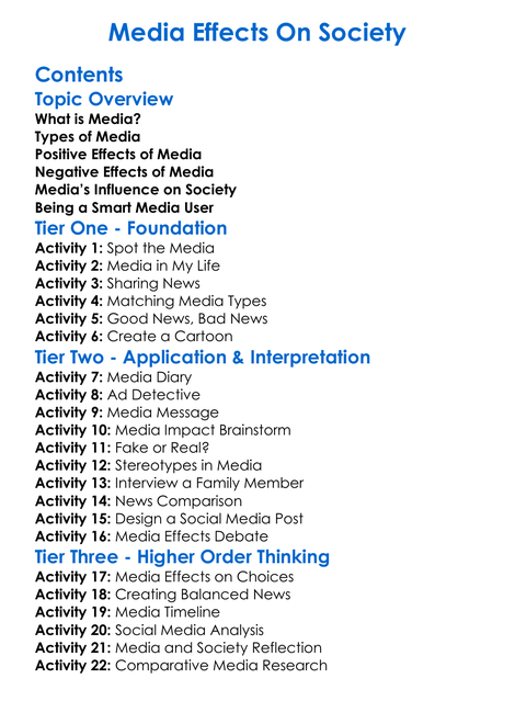 Media Effects On Society Worksheet Activity Booklet