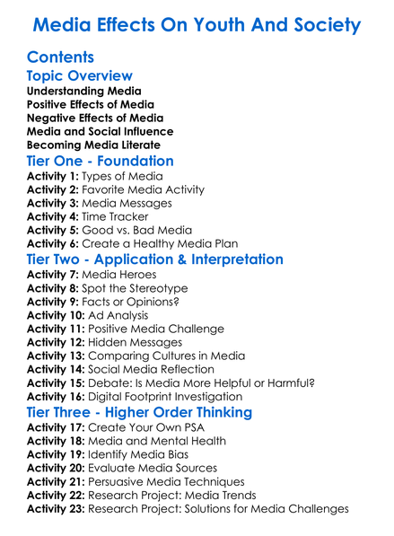 Media Effects On Youth And Society Worksheet Activity Booklet