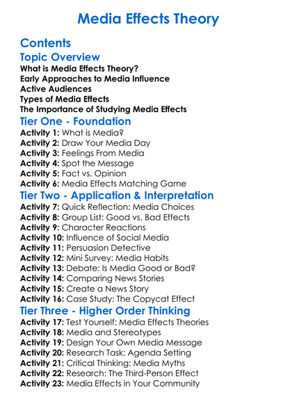 Media Effects Theory Worksheet Activity Booklet