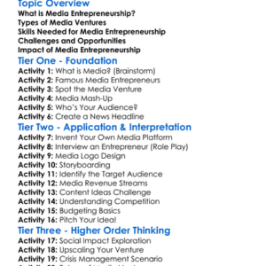 Media Entrepreneurship Worksheet Activity Booklet