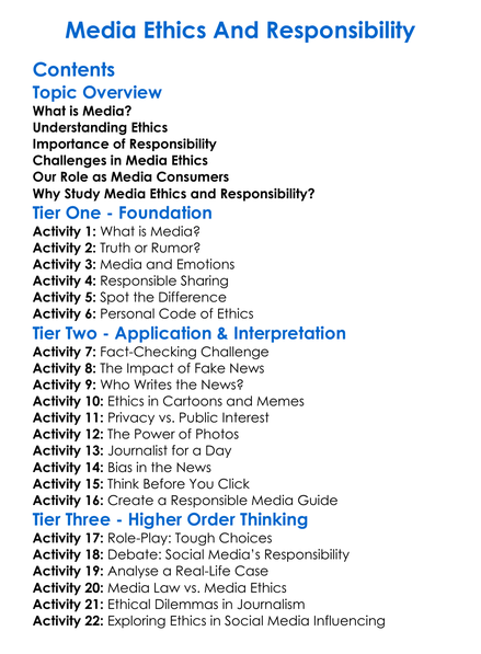 Media Ethics And Responsibility Worksheet Activity Booklet