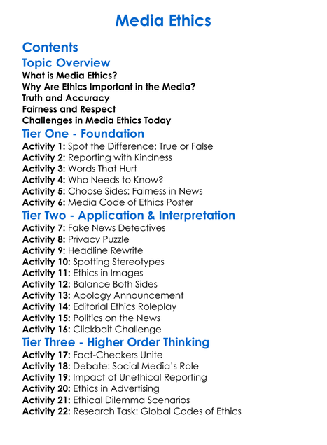 Media Ethics Worksheet Activity Booklet