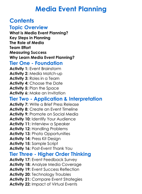 Media Event Planning Worksheet Activity Booklet