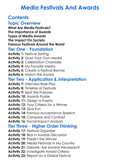 Media Festivals And Awards Worksheet Activity Booklet