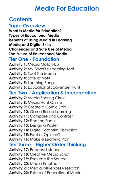 Media For Education Worksheet Activity Booklet