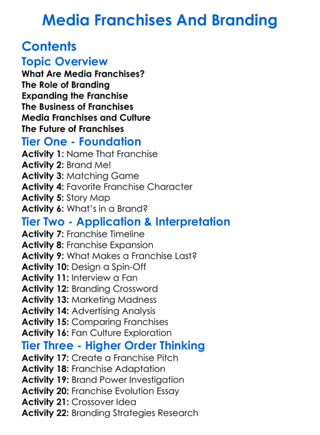 Media Franchises And Branding Worksheet Activity Booklet