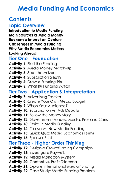 Media Funding And Economics Worksheet Activity Booklet