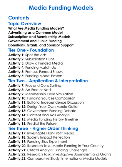 Media Funding Models Worksheet Activity Booklet