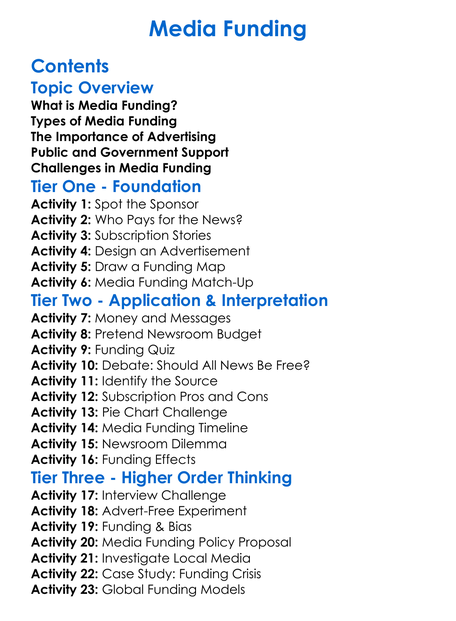 Media Funding Worksheet Activity Booklet