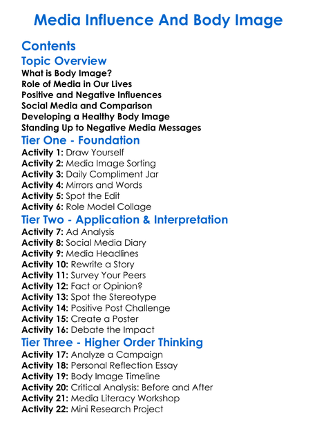 Media Influence And Body Image Worksheet Activity Booklet