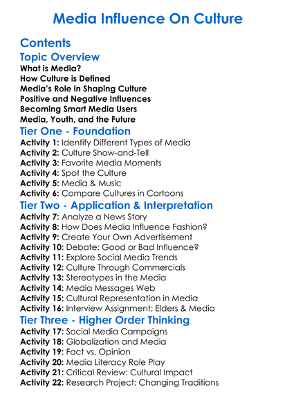Media Influence On Culture Worksheet Activity Booklet