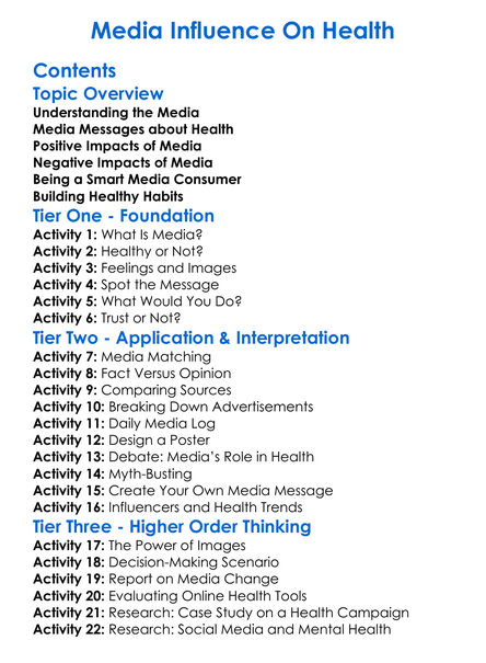 Media Influence On Health Worksheet Activity Booklet